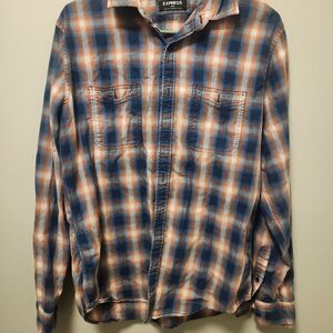 Express Men's Casual Blue and Orange Checkered Shirt Size Med